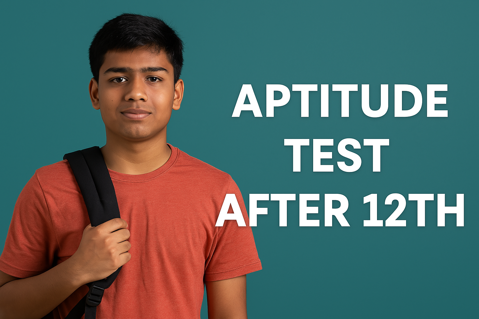 2866b76f-2ca6-4bd2-a386-a3b0ea8595d1 A young Indian student with a backpack standing confidently with "Aptitude Test After 12th" written beside him