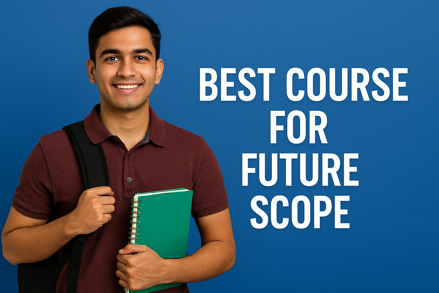 2ad820e8-d740-4dc2-ad16-6aea9cdba6ff A young Indian student with a backpack and notebook stands confidently in front of a blue background, with bold white text reading "BEST COURSE FOR FUTURE SCOPE.
