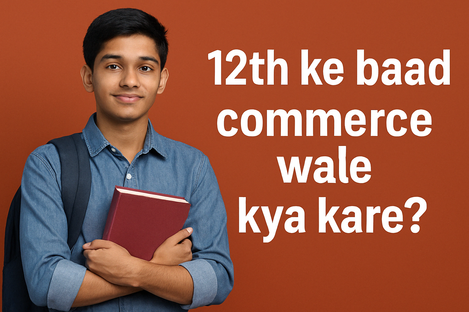 Young South Asian student with textbooks, asking "12th ke baad commerce wale kya kare?" Title: Career Guidance After 12th Commerce - Explore Your Options