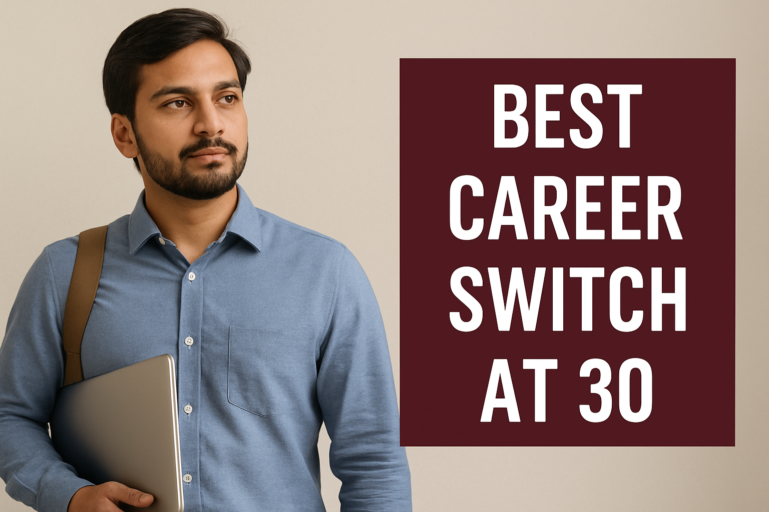 3b83075f-d62a-44b2-b942-99cdaed59987 Young South Asian student contemplating career switch at 30 with a thoughtful expression.