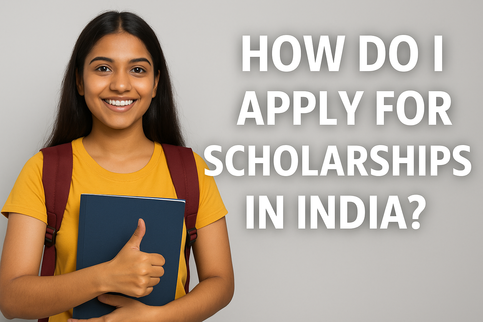A young Indian student wearing a yellow t-shirt and a red backpack holds a folder and smiles confidently. The text on the image reads, "How do I apply for scholarships in India?" in bold white letters.