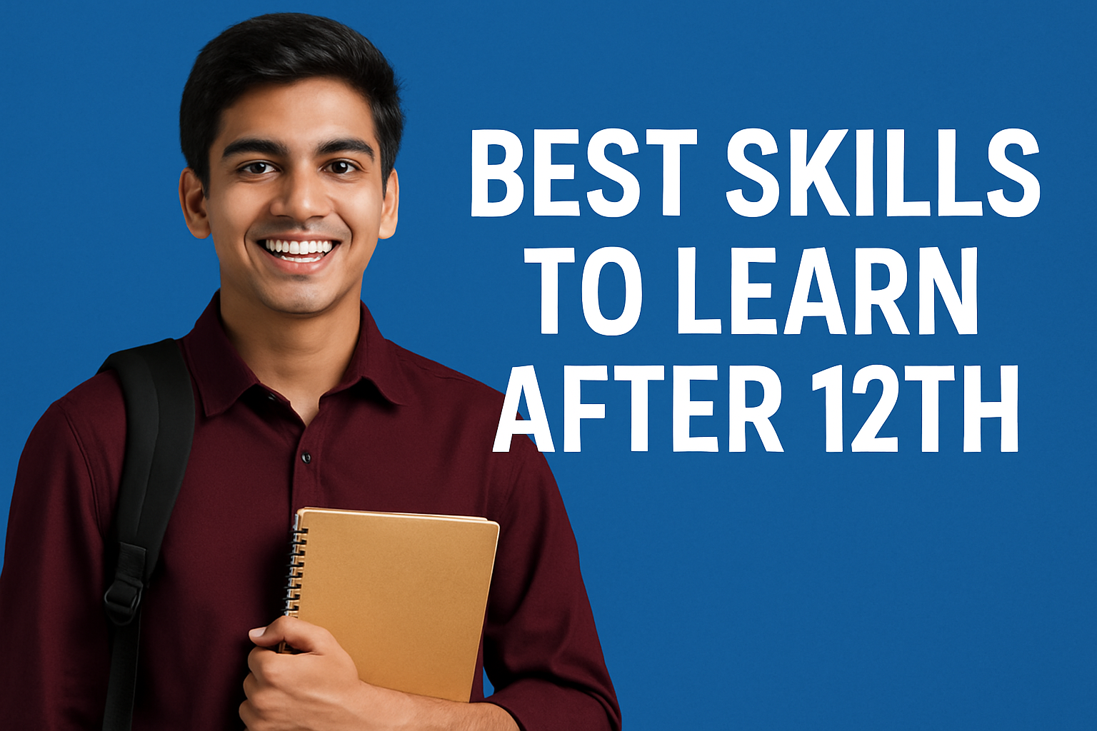 4a875d7e-4708-40f8-b6ae-f238fa4f7422 A young Indian male student with a backpack and notebook, smiling against a blue background, alongside bold text reading "Best Skills to Learn After 12th