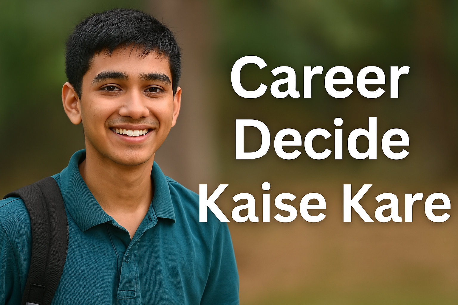 552842af-4631-4203-b45d-6d4643b93eee A young Indian student smiling confidently, wearing a teal shirt and carrying a black backpack, with the text "Career Decide Kaise Kare" prominently displayed.