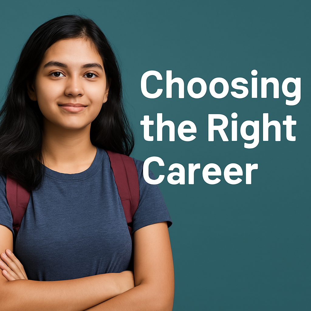 6e858807-3e20-4655-b028-f706cfe112f0 Indian student smiling with backpack, standing beside text "Choosing the Right Career" on teal background