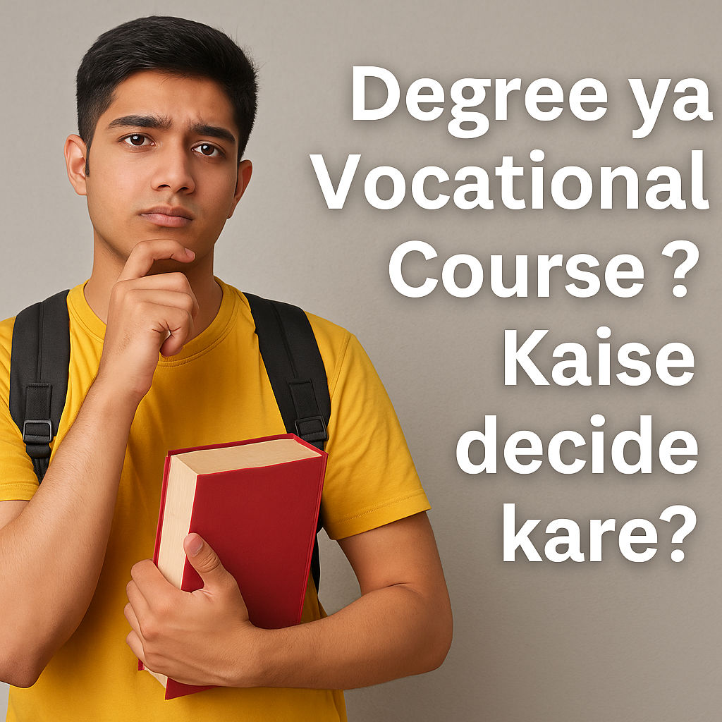 An Indian student contemplating their career options, deciding between a degree and a vocational course, symbolizing the question: "Degree ya Vocational Course? Kaise Decide Kare?