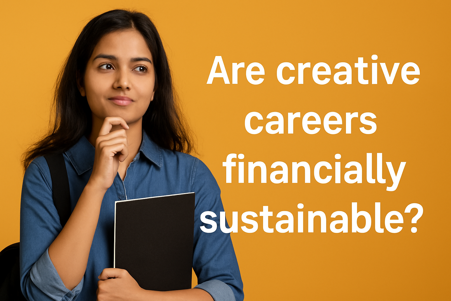 man holding a sketchbook, set against a vibrant orange background with the text "Are creative careers financially sustainable?" displayed beside her.