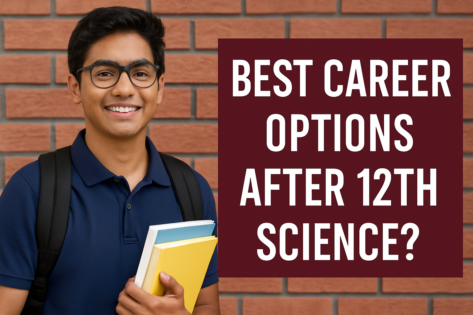 A digital photograph featuring an Indian student smiling confidently while holding books, with the text "Best Career Options After 12th Science" prominently displayed.