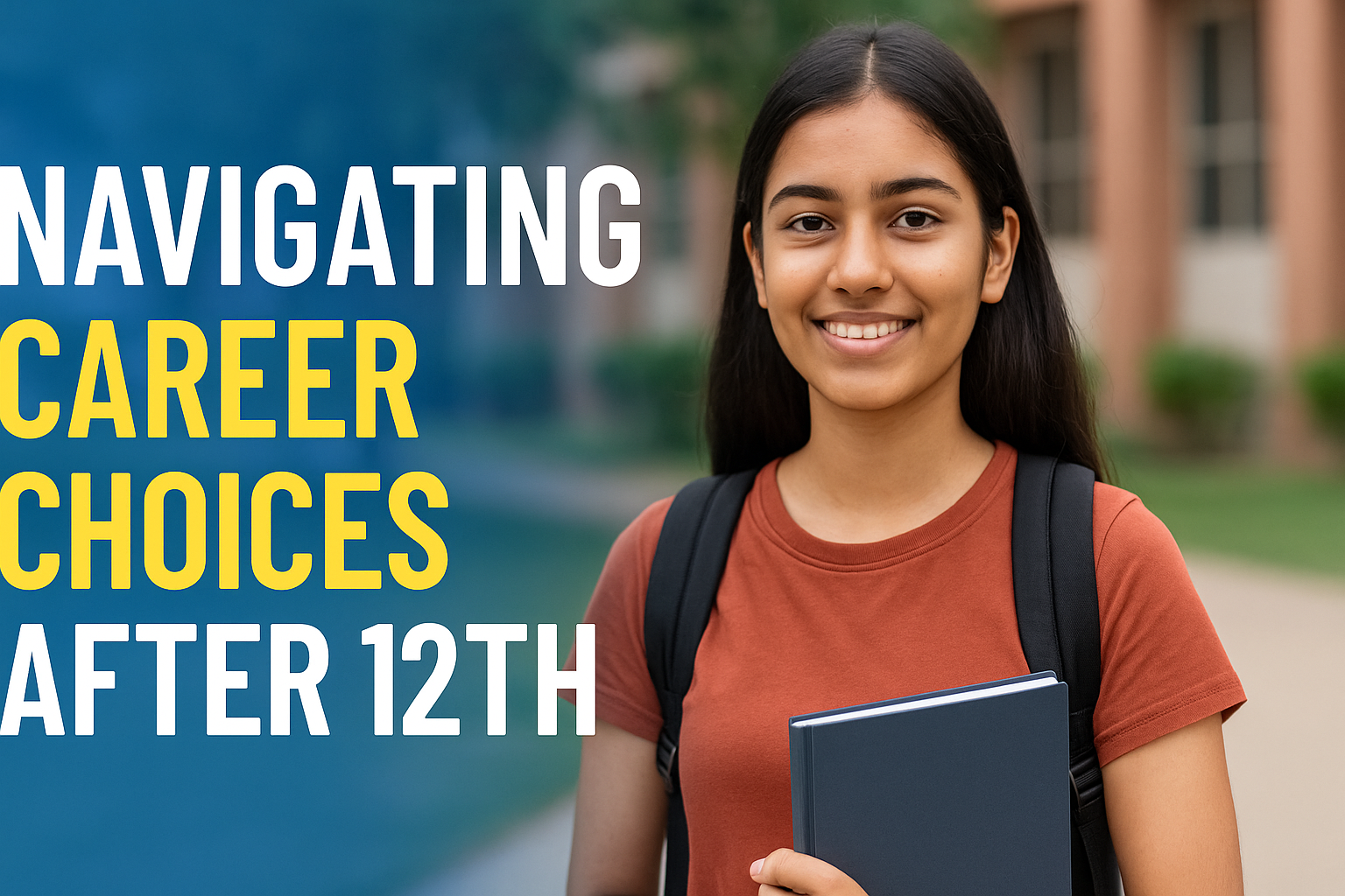 An Indian teenage girl standing outdoors on a college campus, holding a notebook, smiling confidently, with the text 'Navigating Career Choices After 12th' in bold white and yellow font.