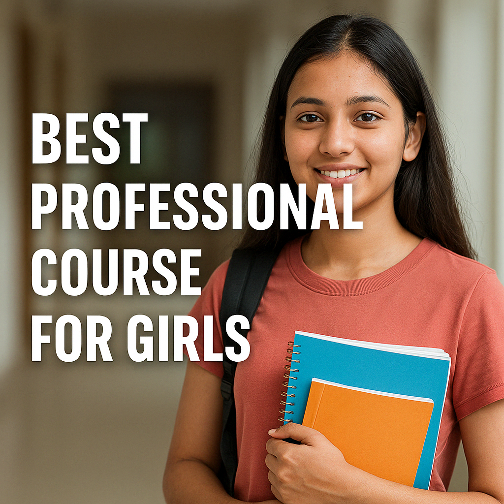 b05b8109-1b74-4169-94bd-463539e1dd54 A confident South Asian young woman in a salmon T-shirt holding colorful notebooks and a backpack, smiling warmly in a softly lit hallway. The text "BEST PROFESSIONAL COURSE FOR GIRLS" is prominently displayed on the left.