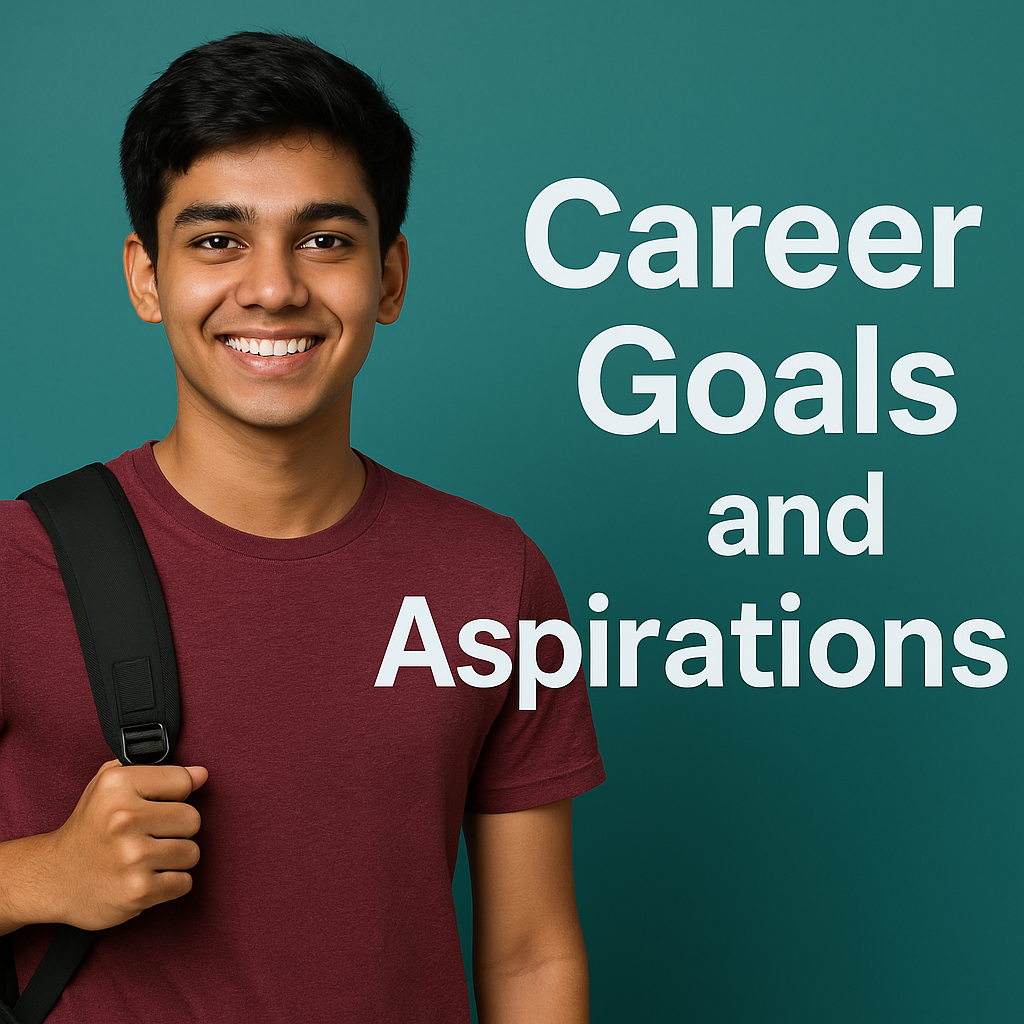 d58bf25c-af56-4961-9d91-4a3e35cf358f Young Indian student with backpack beside the text "Career Goals and Aspirations" on a teal background