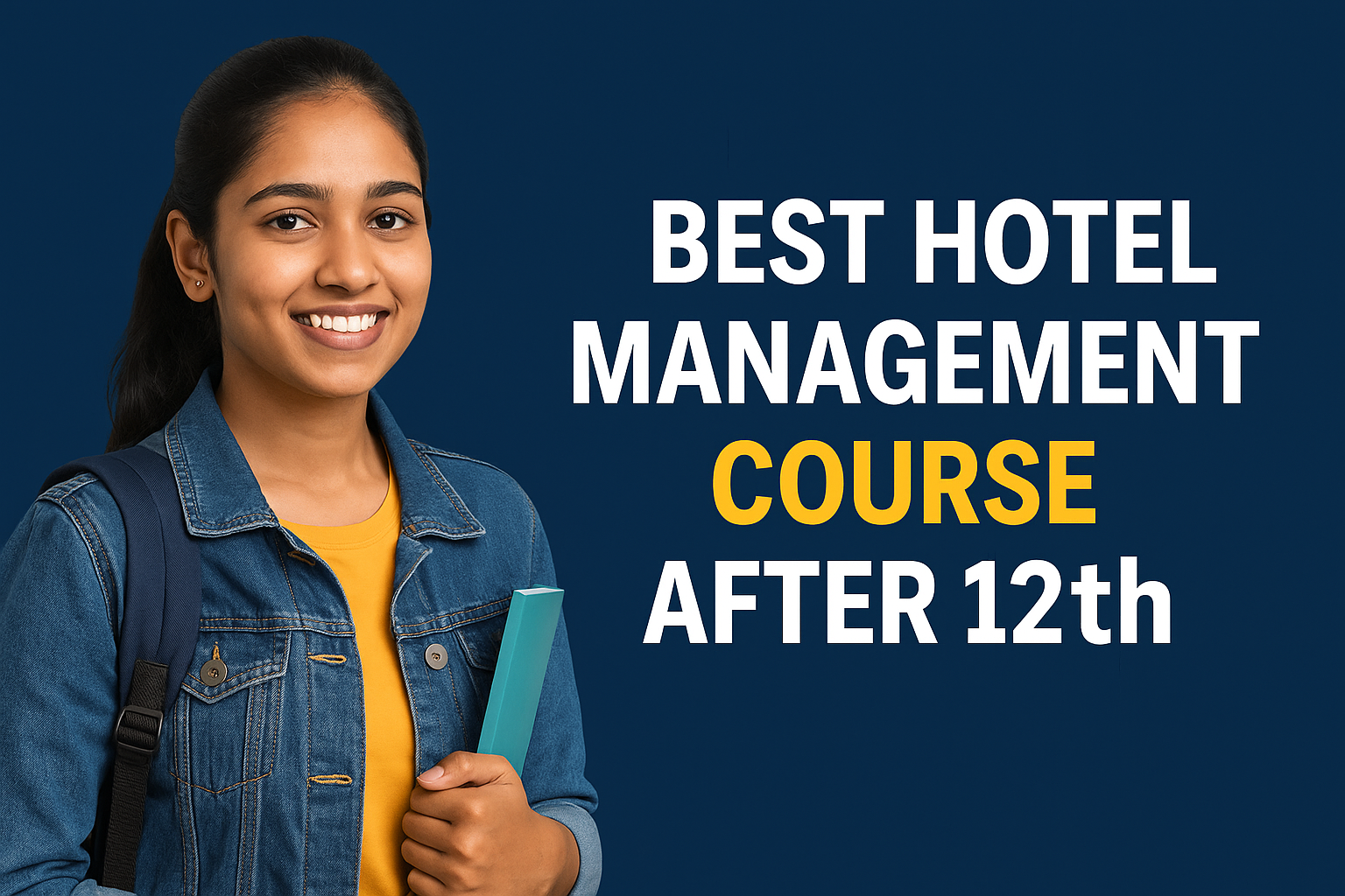 Indian student smiling confidently while holding a notebook, with text highlighting "Best Hotel Management Course After 12th" on a blue background.