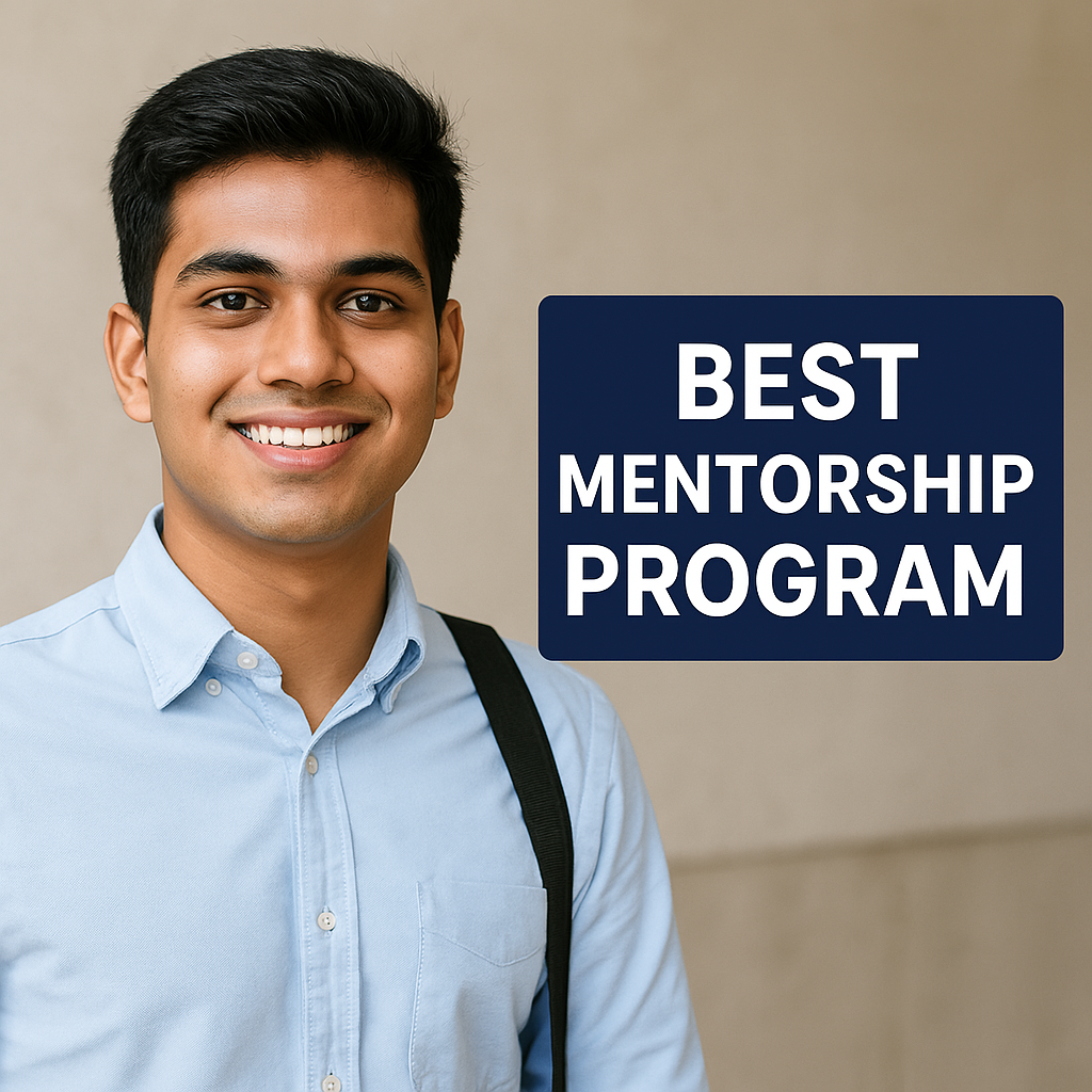 A young Indian male student confidently posing with a backpack, accompanied by the text "BEST MENTORSHIP PROGRAM" in bold, signifying a bright future through mentorship programs.