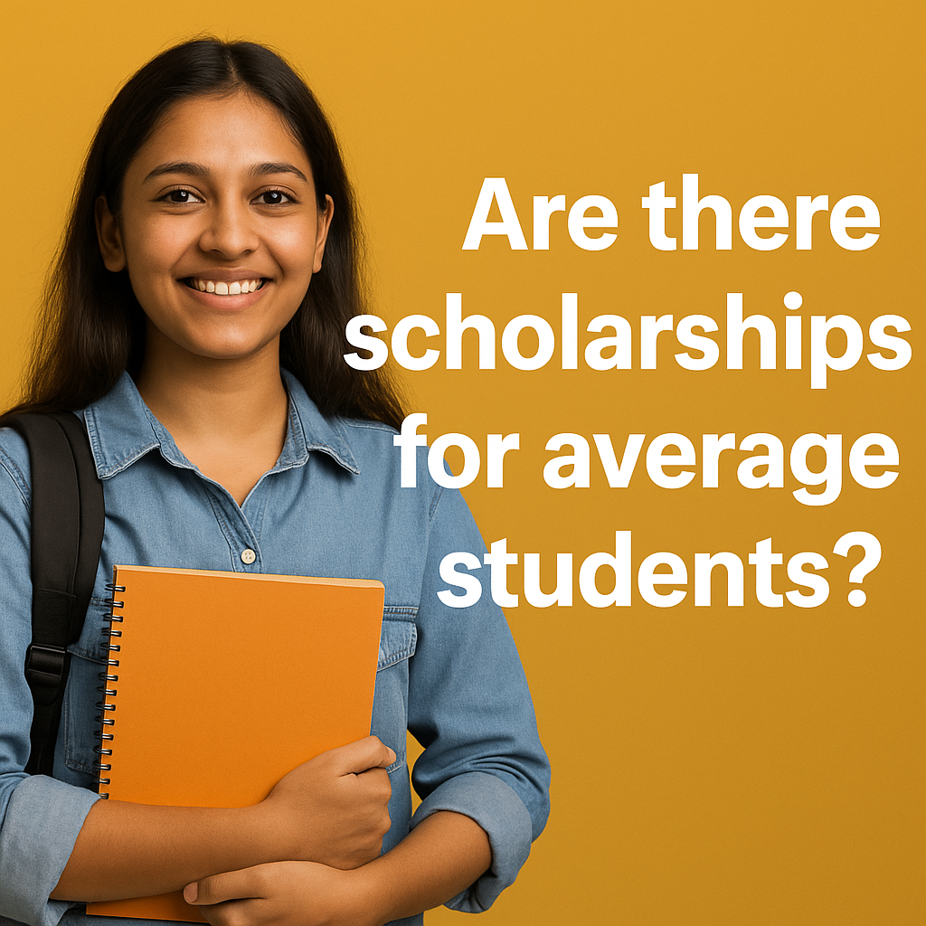 fd87960f-eccc-4af7-95b6-a2e14de27632 A young Indian student smiling confidently, holding a notebook and wearing a backpack against a bright mustard background with the text "Are there scholarships for average students?" displayed boldly.