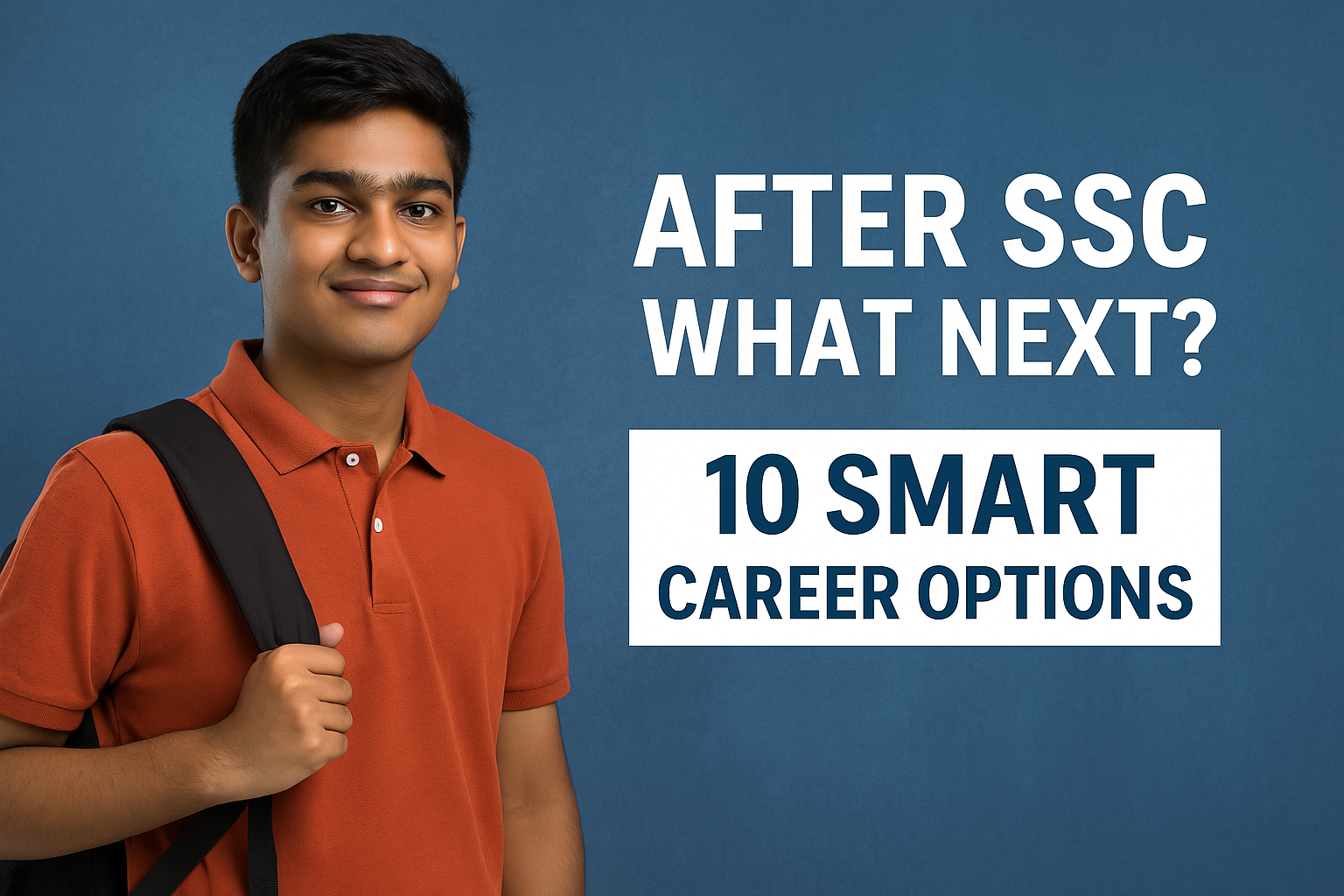 fd87960f-eccc-4af7-95b6-a2e14de27632 A digital photograph of a young Indian student smiling confidently, carrying a backpack, with the text "AFTER SSC WHAT NEXT? 10 SMART CAREER OPTIONS" written beside him on a blue background.