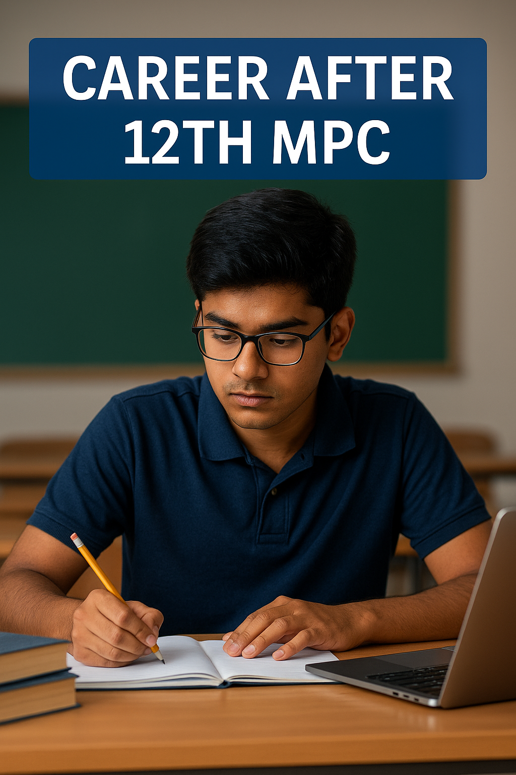 A confident Indian student holding books, smiling brightly, with the text "Career After 12th MPC" displayed prominently in bold.