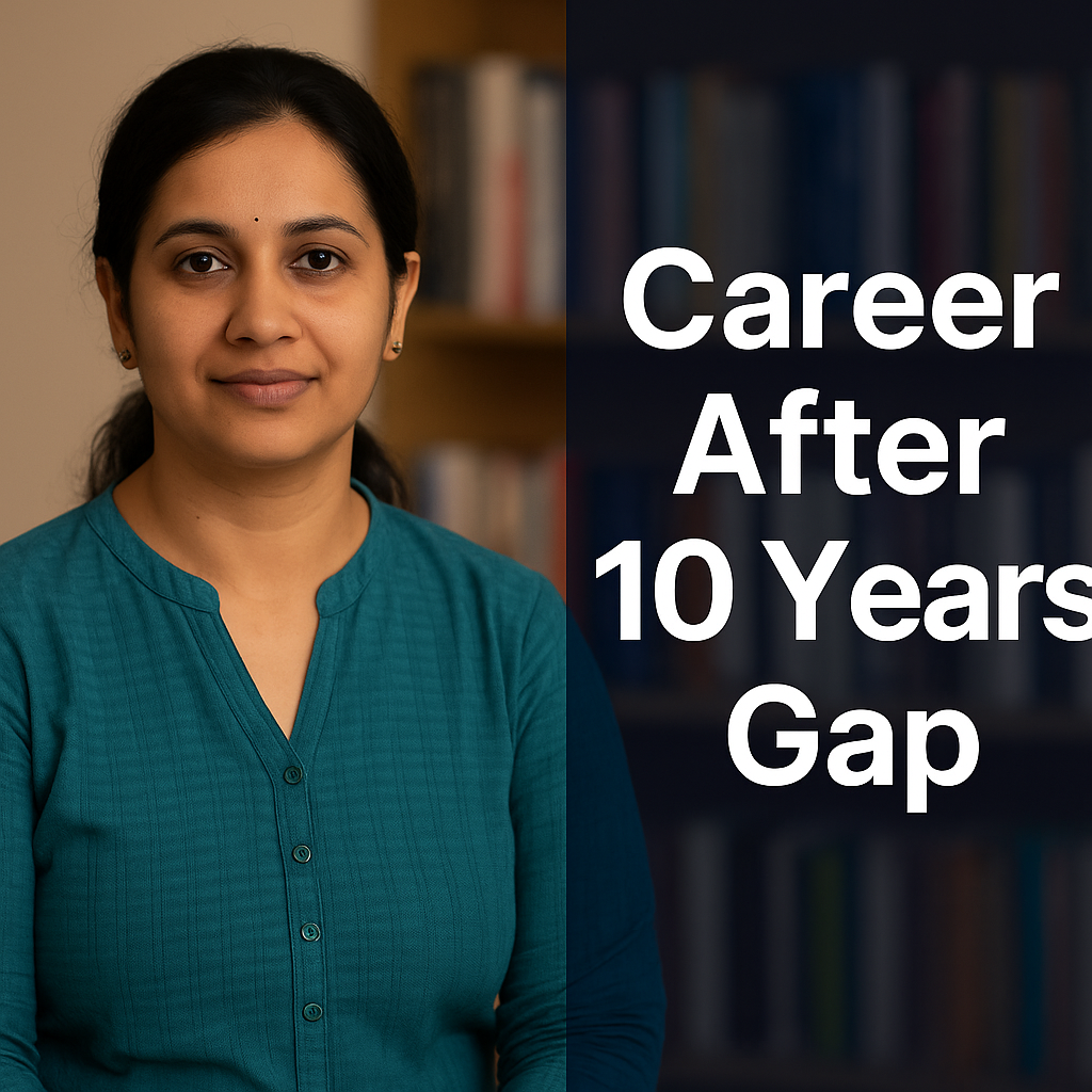 Indian professional confidently restarting her career after a 10-year gap, symbolizing resilience and growth.
