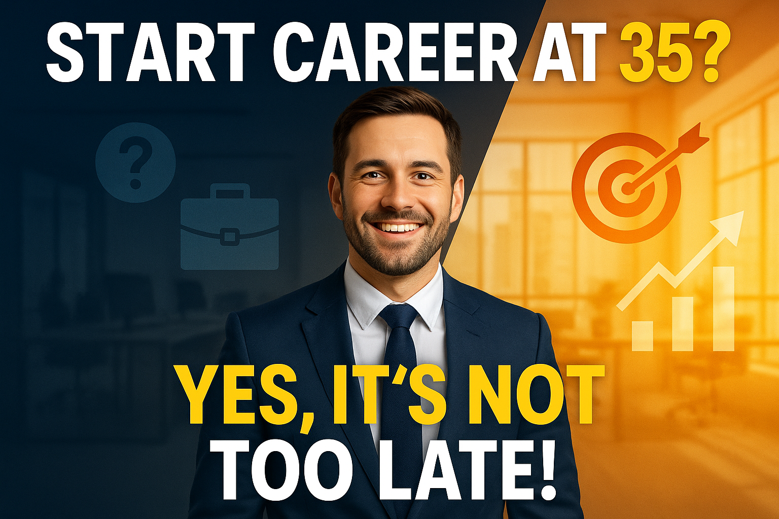 903b7fd5-1a70-46c5-9935-02b7d02b7eec A confident man in his mid-30s smiling in professional attire, with a split background showing a dull office on the left and a bright modern workspace on the right. Text reads: “Start Career at 35? Yes, It’s Not Too Late!