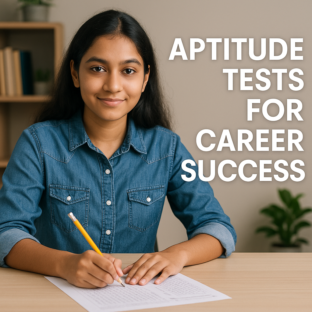 A focused Indian student sits at a desk, writing on an aptitude test sheet with a pencil, with the text "Aptitude Tests for Career Success" prominently displayed.