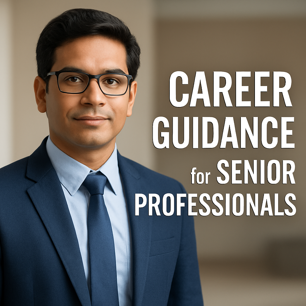Confident senior Indian professional wearing glasses and a navy blazer, representing career guidance for senior professionals.